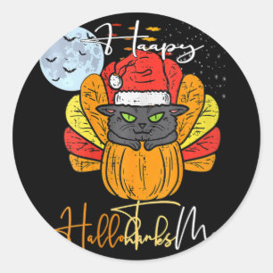 Womens Happy Hallothanksmas Cat Halloween Thanksgi Classic Round Sticker