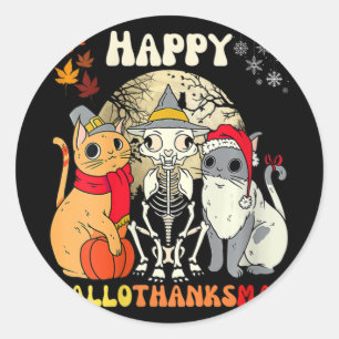 Womens Happy Hallothanksmas Cats Halloween Thanksg Classic Round Sticker