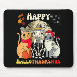 Womens Happy Hallothanksmas Cats Halloween Thanksg Mouse Pad