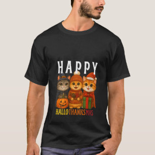 Womens Happy Hallothanksmas Cats Halloween Thanksg T-Shirt