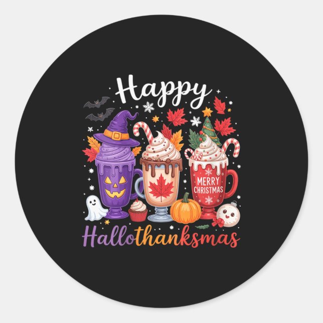 Womens Happy Hallothanksmas Coffee Lover Halloween Classic Round Sticker (Front)