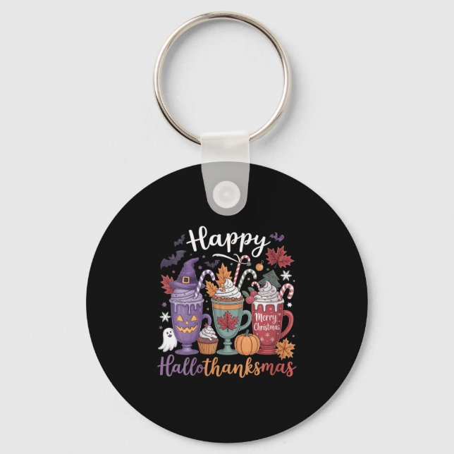 Womens Happy Hallothanksmas Coffee Lover Halloween Key Ring (Front)