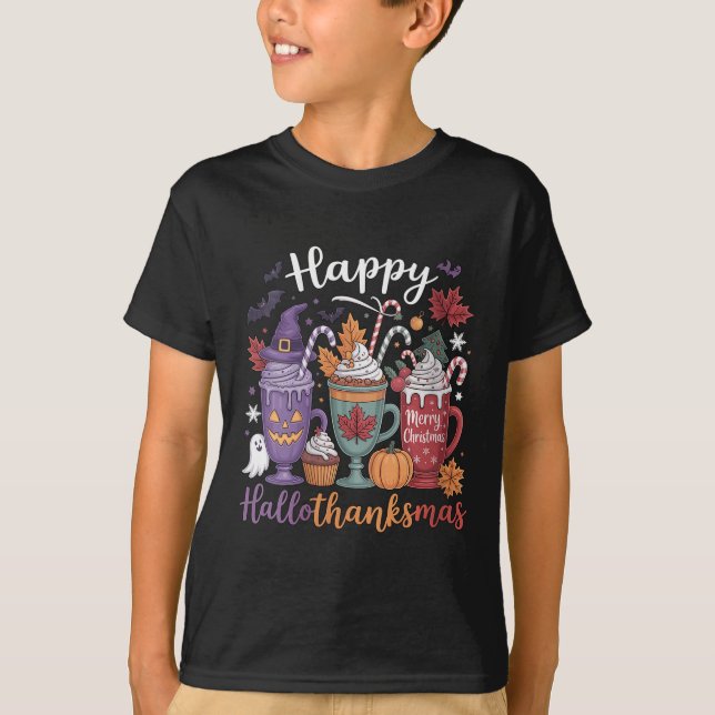 Womens Happy Hallothanksmas Coffee Lover Halloween T-Shirt (Front)