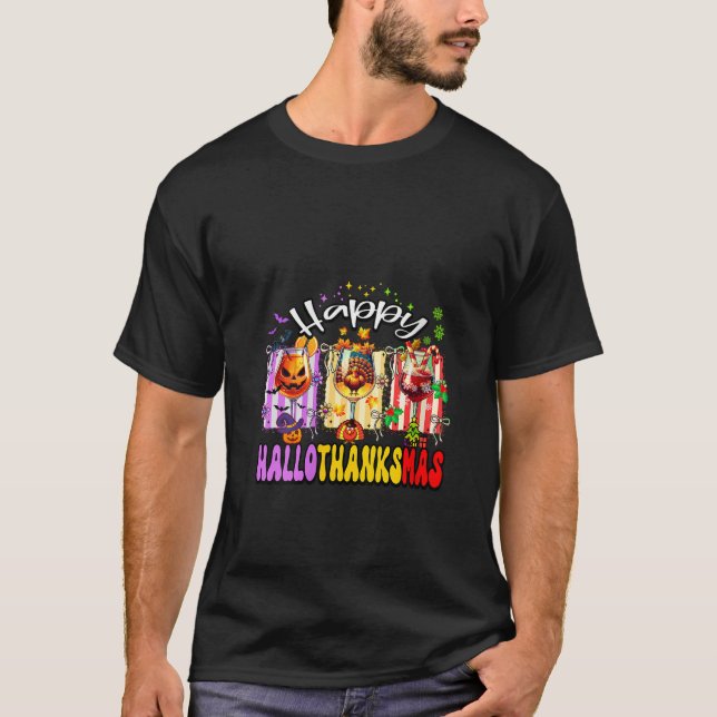 Womens Happy Hallothanksmas Glass Halloween Thanks T-Shirt (Front)