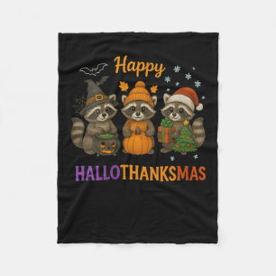 Womens Happy Hallothanksmas Racoon Halloween Chri Fleece Blanket