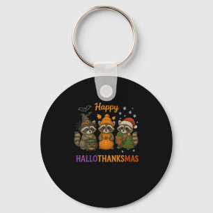 Womens Happy Hallothanksmas Racoon Halloween Chri Key Ring