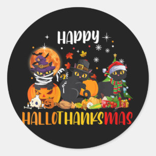 Womens Happy Hallothanksmas Shirt Black Cat Hallow Classic Round Sticker