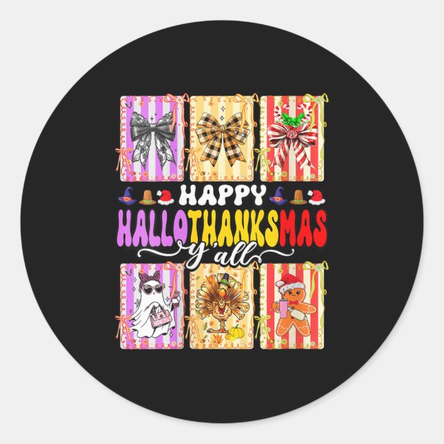 Womens Happy Hallothanksmas Y’all Funny Holiday Ma Classic Round Sticker (Front)