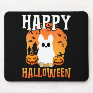 Womens Happy Halloween Dog Ghost V-Neck Mouse Pad