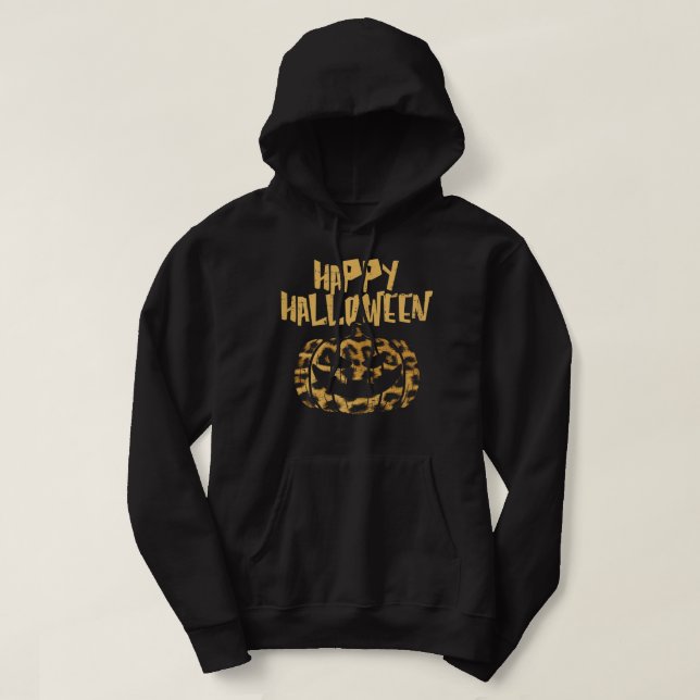 Womens Happy Halloween Leopard Jack O Lantern Hall Hoodie (Design Front)