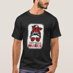 Womens Heart Disease Warrior Red Ribbon Messy Bun T-Shirt