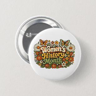 Women's History Month Retro 70s Floral Groovy Typo 6 Cm Round Badge