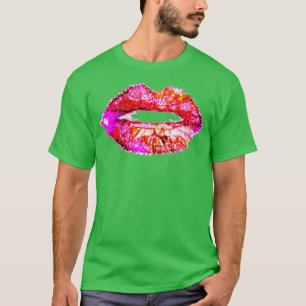 Womens Hot Pink Lips Kiss Neon 80s Lipstick Party  T-Shirt