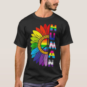 Womens HUMAN Sunflower LGBT Flag Gay Pride Month P T-Shirt