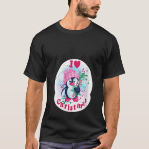 Womens I Heart Christmas Penguin Love Candy Cane P T-Shirt
