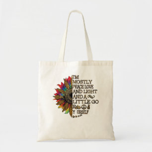 Womens I'm Mostly Peace Love Light Go Yoga Sunflow Tote Bag