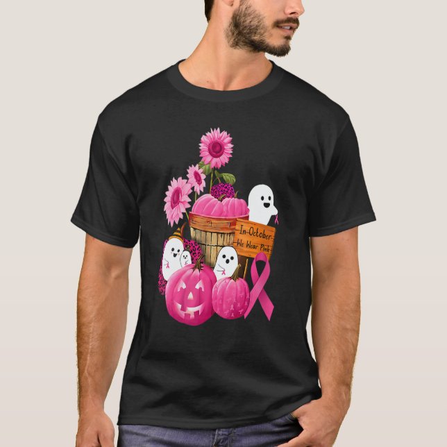 Womens In October We Wear Pink Ghosts & Pumpkins F T-Shirt (Front)