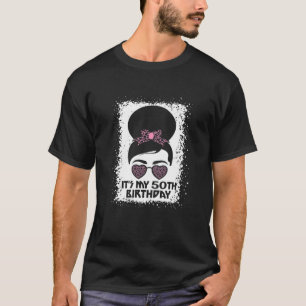 Womens Its My 50Th Birthday Leopard Messy Bun 50 Y T-Shirt