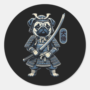 Womens Japanese Samurai Dog Tattoo, Pug Dog Kawaii Classic Round Sticker