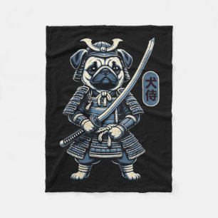 Womens Japanese Samurai Dog Tattoo, Pug Dog Kawaii Fleece Blanket