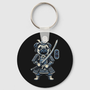 Womens Japanese Samurai Dog Tattoo, Pug Dog Kawaii Key Ring