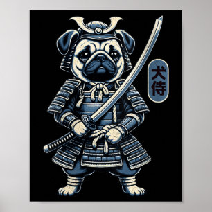 Womens Japanese Samurai Dog Tattoo, Pug Dog Kawaii Poster