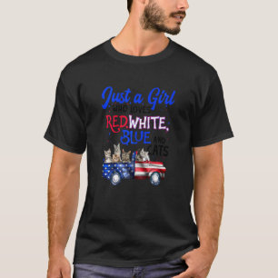 Womens Just A Girl Loves Red White Blue And Cats H T-Shirt