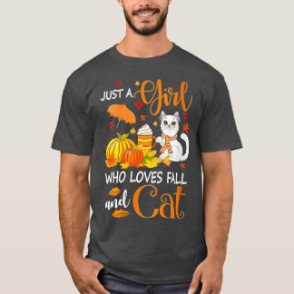 Womens Just A Girl Who Loves Fall And Cat Hallowee T-Shirt