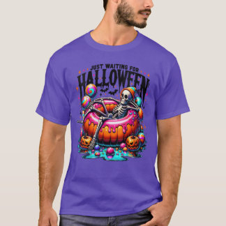 Womens Just Waiting for Halloween Skeleton Spooky  T-Shirt
