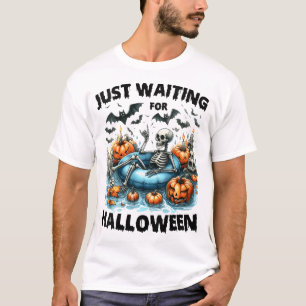 Womens Just Waiting For Halloween Skeleton  T-Shirt