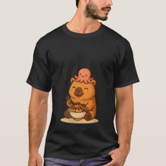 Womens Kawaii Capybara with Octopus Eating Takoyak T-Shirt