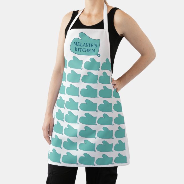 Women's kitchen apron with custom oven mitt design (Insitu)