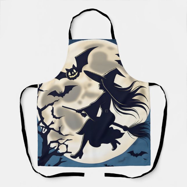 Womens Kitchen Aprons, Halloween Full Moon Witch  Apron (Front)