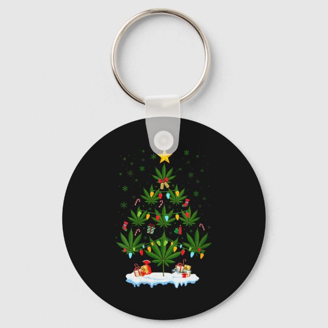 Womens Leaf Christmas Tree Weed Stoner Xmas V-neck Key Ring (Front)