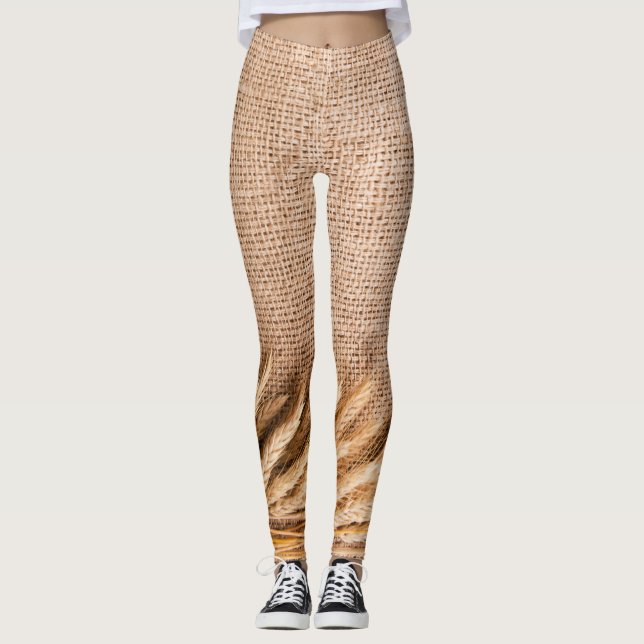 Women's Leggings Wheat on Burlap Sack Country Rust (Front)