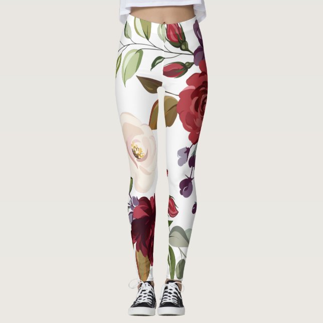 Women's Leggings White Roses Gold Geometric (Front)