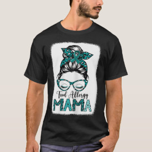 Womens Leopard Messy Bun Teal Ribbon Food Allergy  T-Shirt