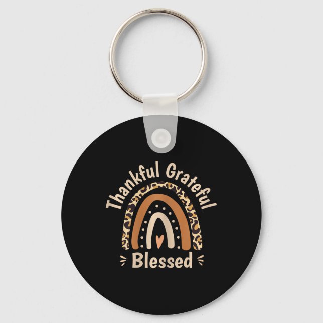 Womens Leopard Rainbow Thankful Grateful Blessed C Key Ring (Front)