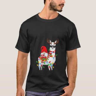 Womens Llama Xmas Lighting Funny Gnome Riding Llam T-Shirt