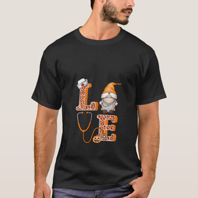 Womens Love Nurse Pumpkin Gnome Halloween Fall Scr T-Shirt (Front)