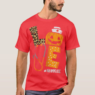 Womens Love Nurse Pumpkin Leopard Fall Halloween T T-Shirt