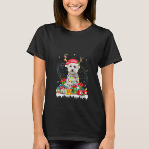 Womens Maltese Santa Hat Reindeer Christmas Lights T-Shirt