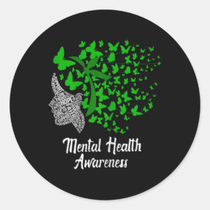 Womens Mental Health Awareness Butterflies Green R Classic Round Sticker