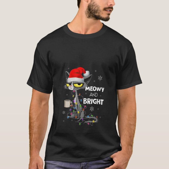 Womens Meowy And Bright Christmas Cat Merry Christ T-Shirt (Front)