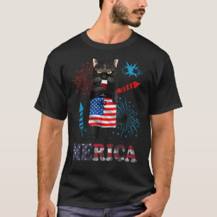 Womens  Merica Black Cat Wine Glass Firework USA F T-Shirt