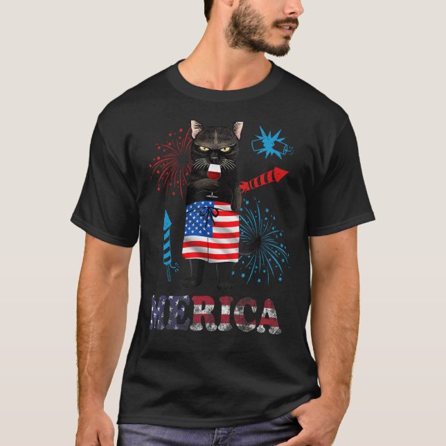 Womens  Merica Black Cat Wine Glass Firework USA F T-Shirt (Front)