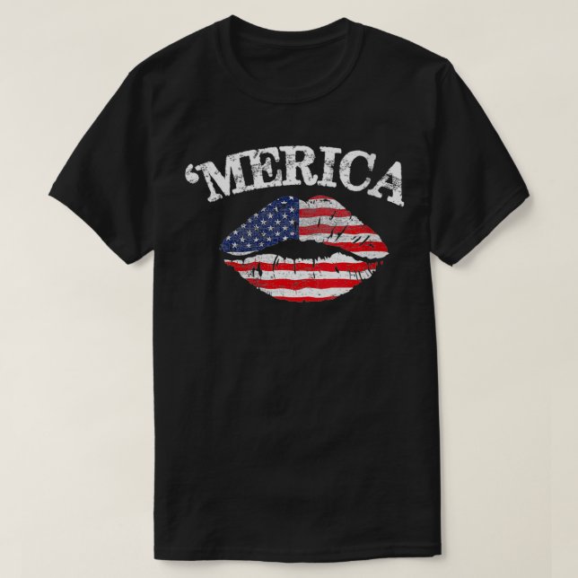 Womens Merica Flag Lips 4th of July Women Independ T-Shirt (Design Front)