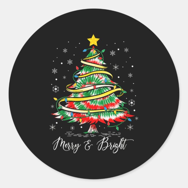 Womens Merry &amp; Bright Merry Christmas Tree Tie Classic Round Sticker (Front)