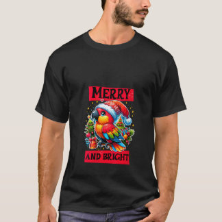 Womens Merry and Bright Cute Parrot in a Santa Hat T-Shirt