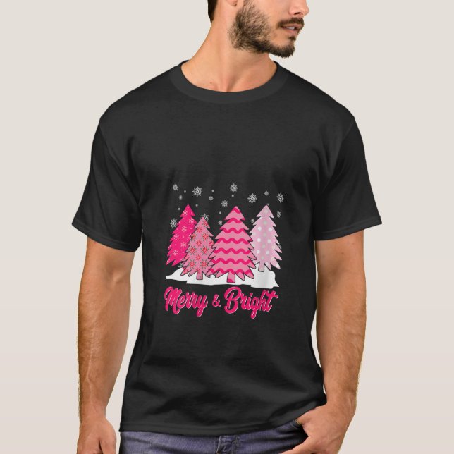 Womens Merry And Bright Pink Christmas Tree Costum T-Shirt (Front)